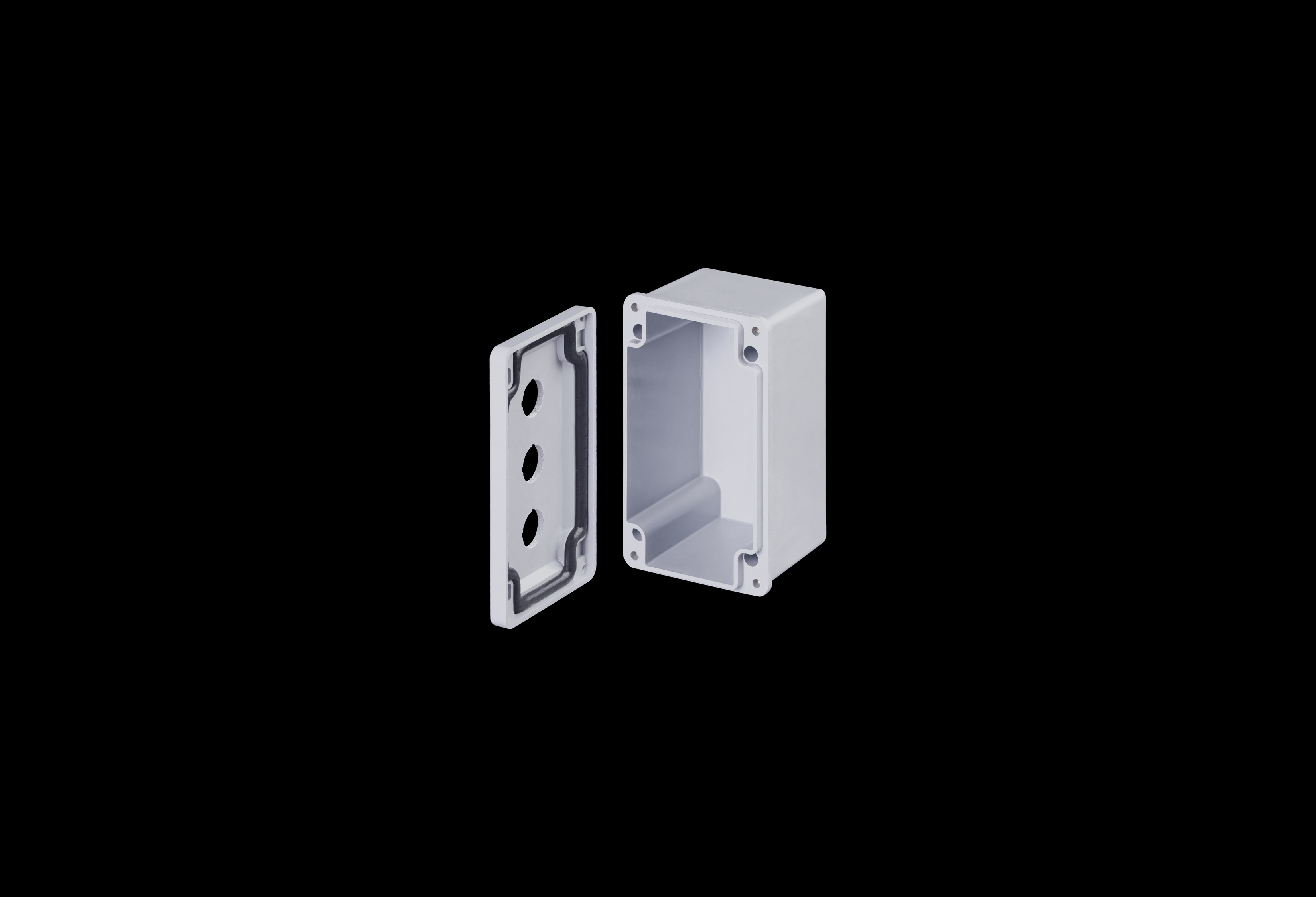 CF3PB22-QFL-Open.jpg Fiberglass Enclosure 6 x 4 x 4 Inches Push Button Series 3 Hole 22 mm Opaque Lift Off Cover by Stahlin