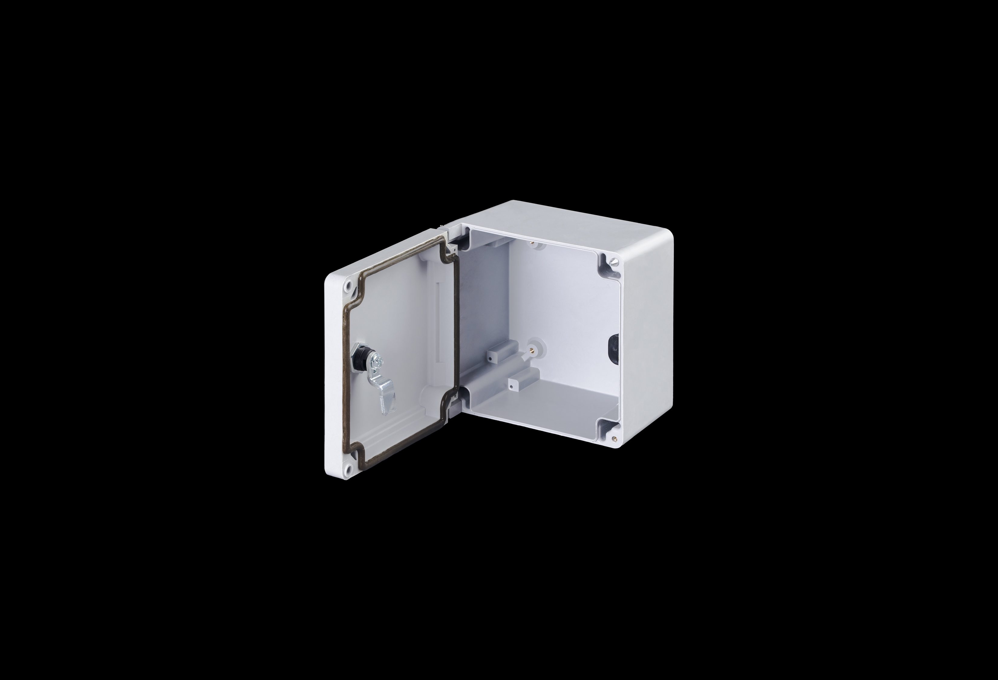 CL707HL-QFL-Open.jpg Fiberglass Enclosure 7 x 7 x 5 Inches Classic Series with Hinged, Through Door Latched Opaque Cover by Stahlin
