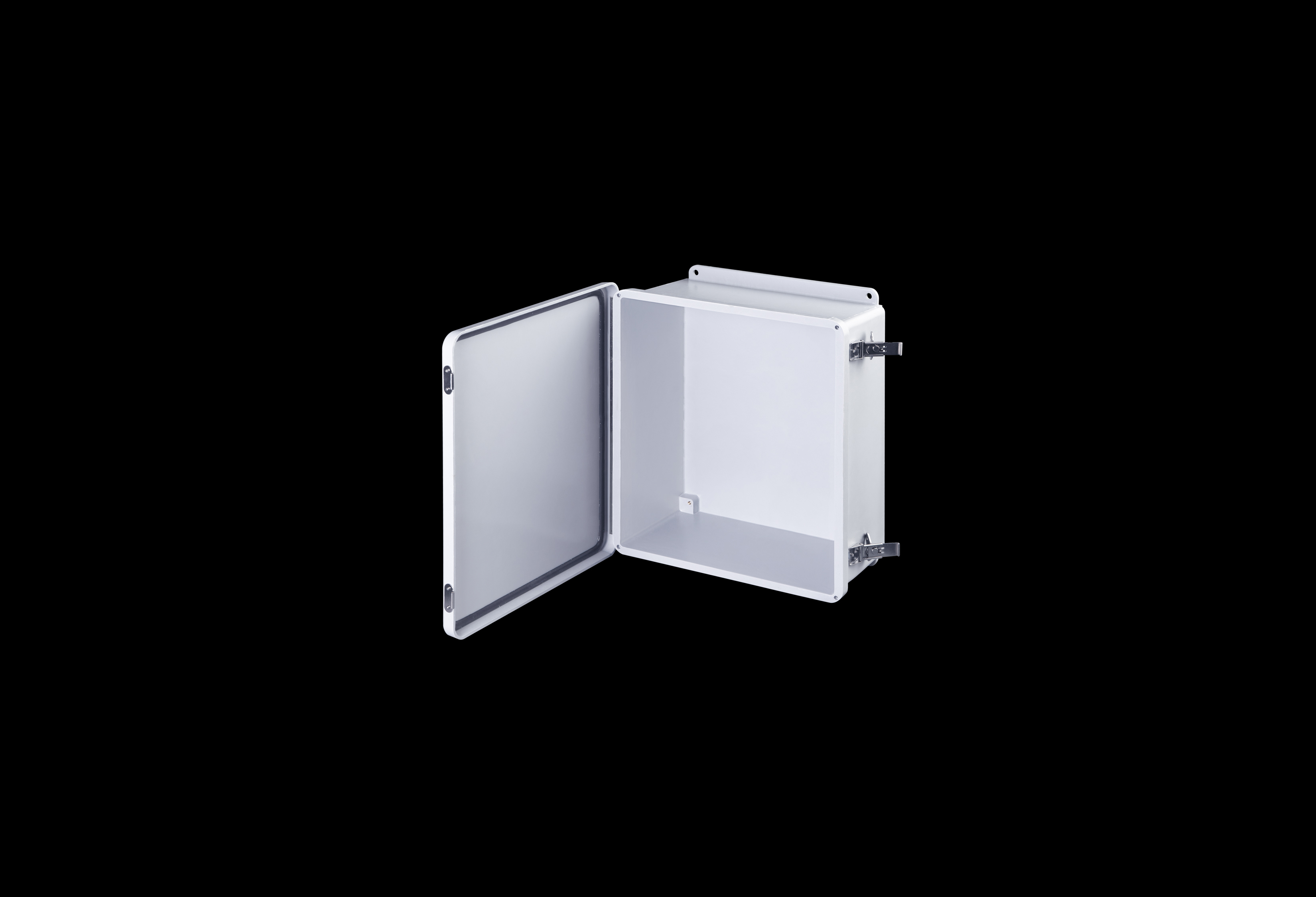 J1412HLL-QFL-Open.jpg Fiberglass Enclosure 10 x 8 x 4 Inches J Series with Hinged, Twist Latch Opaque Cover by Stahlin