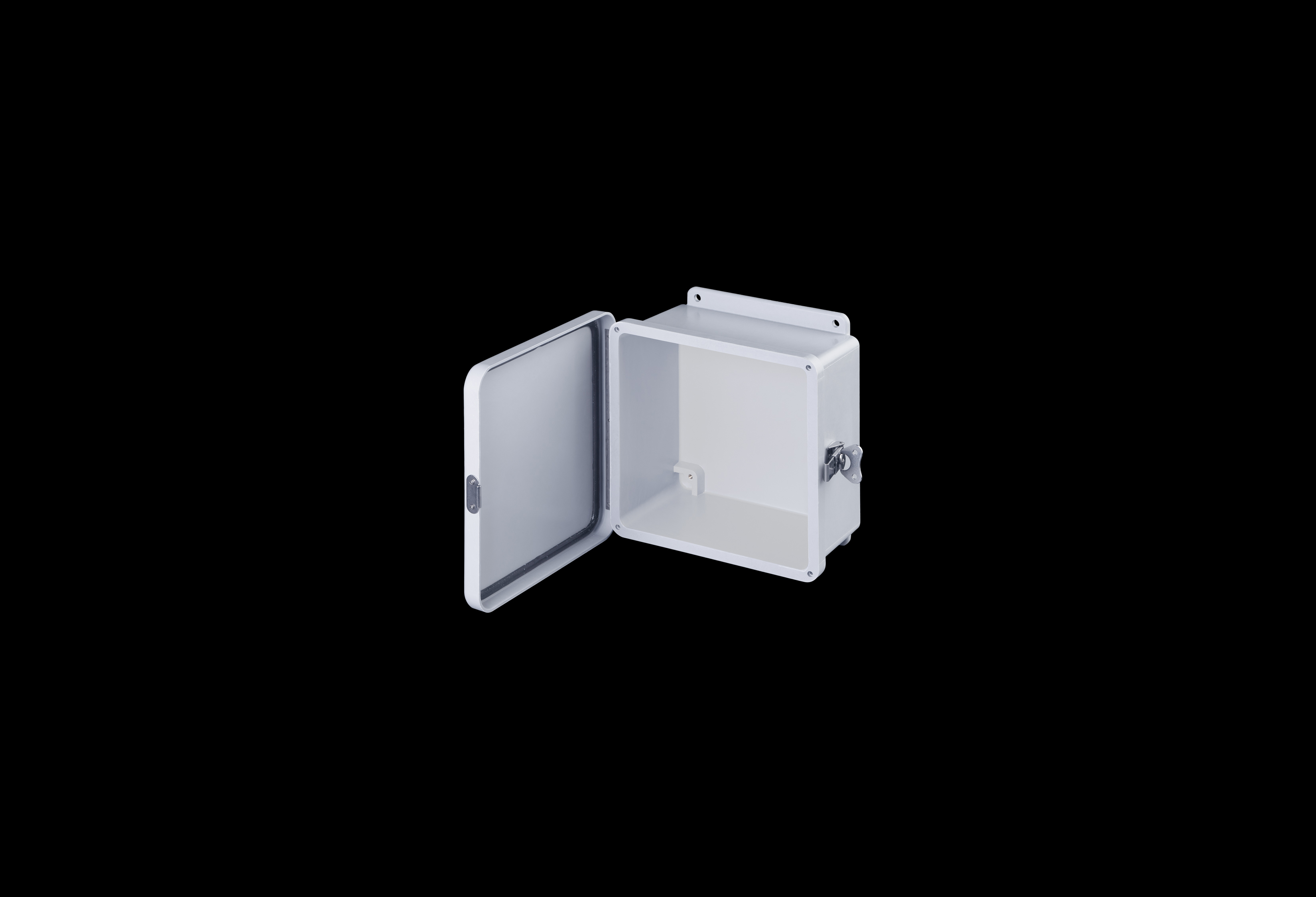 J808HLL-QFL-Open.jpg Fiberglass Enclosure 8 x 8 x 4 Inches J Series with Hinged, Twist Latch Opaque Cover by Stahlin