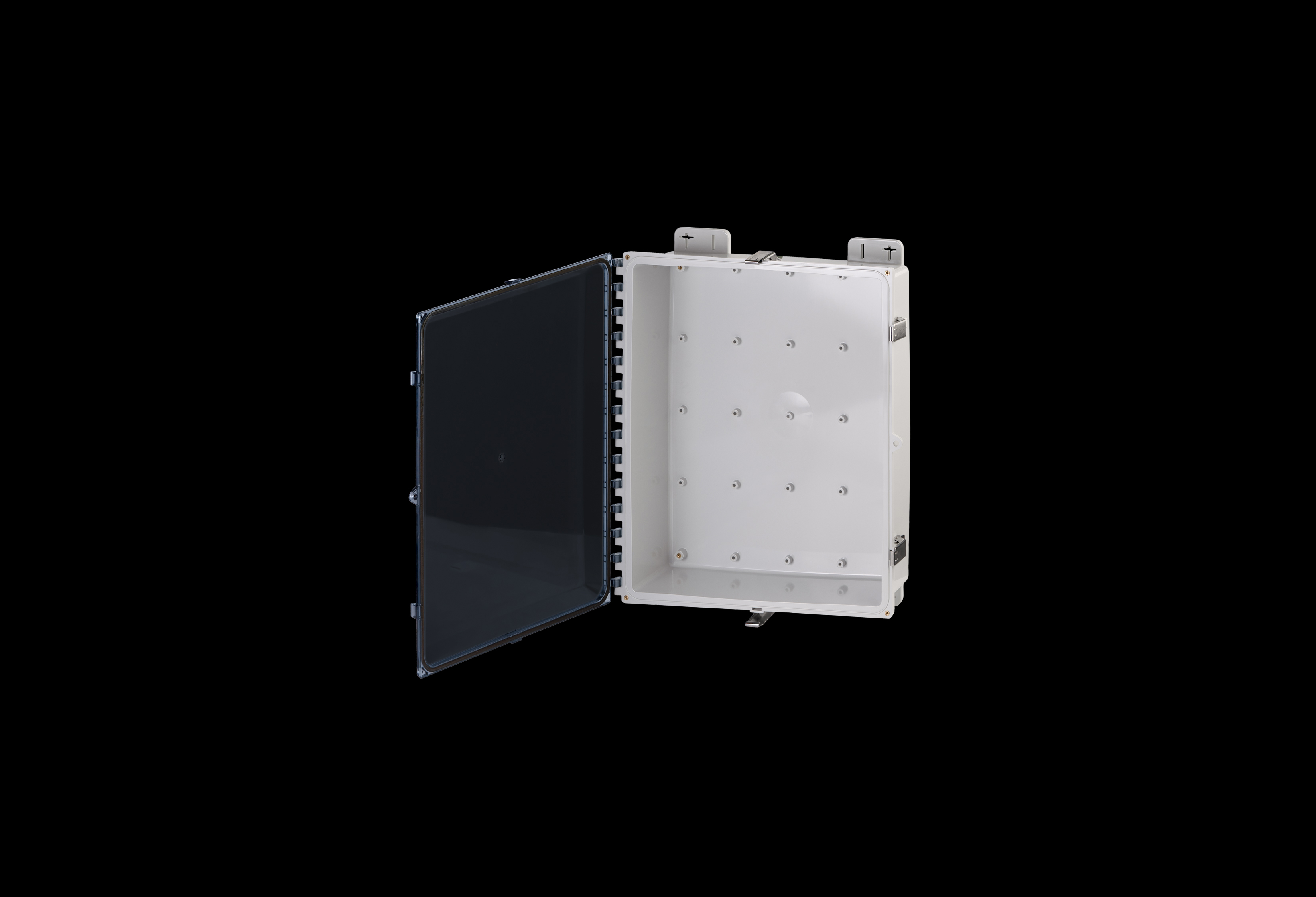 PC201604CCSS-QFL-Open.jpg Polycarbonate Low Profile Enclosure 20 x 16 x 4 Inches PolySlim™ Series with Clear Cover and Stainless Steel Latches by Stahlin