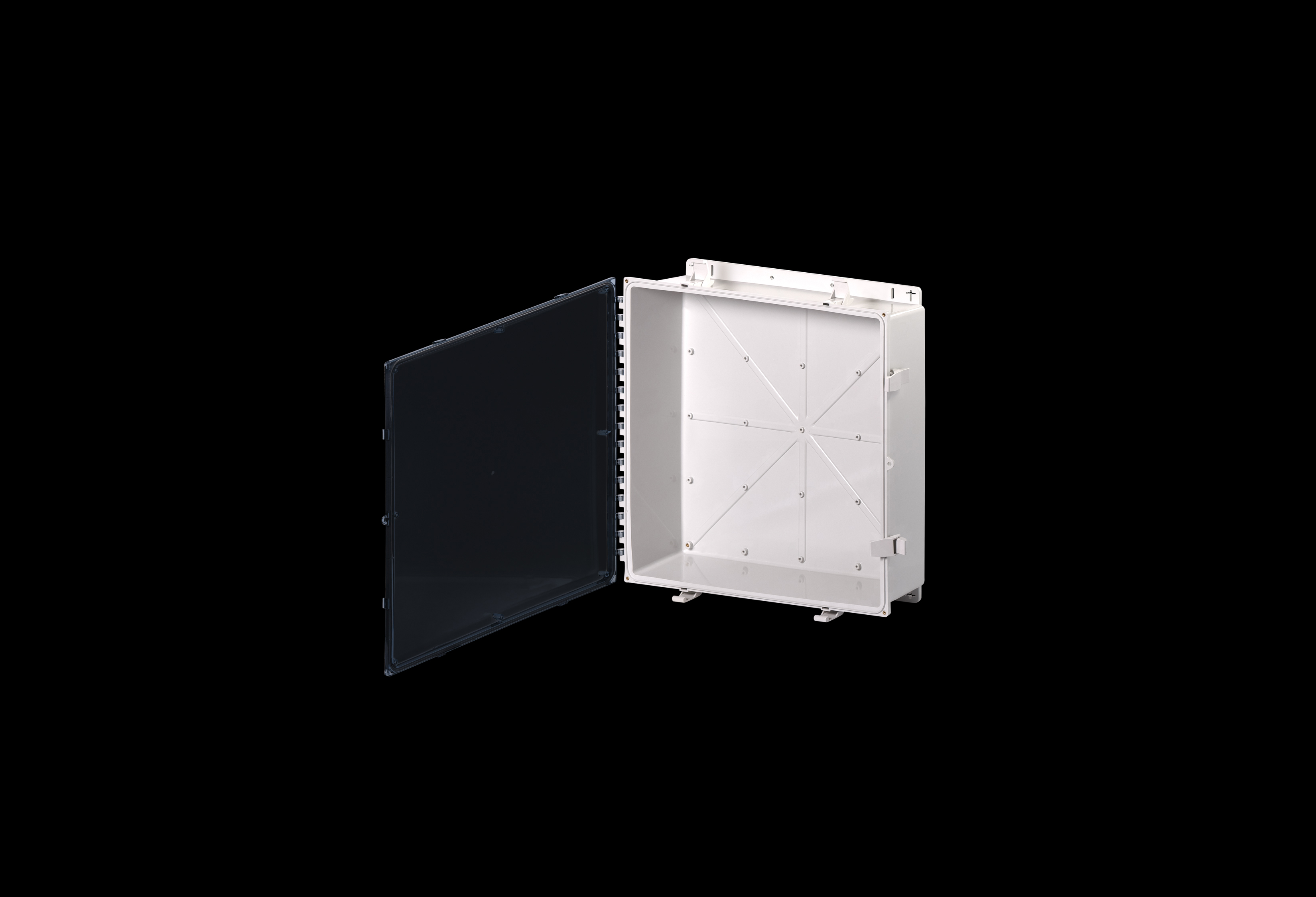 PC242406CC-QFL-Open.jpg Polycarbonate Low Profile Enclosure 24 x 24 x 6 Inches PolySlim™ Series with Clear Cover by Stahlin