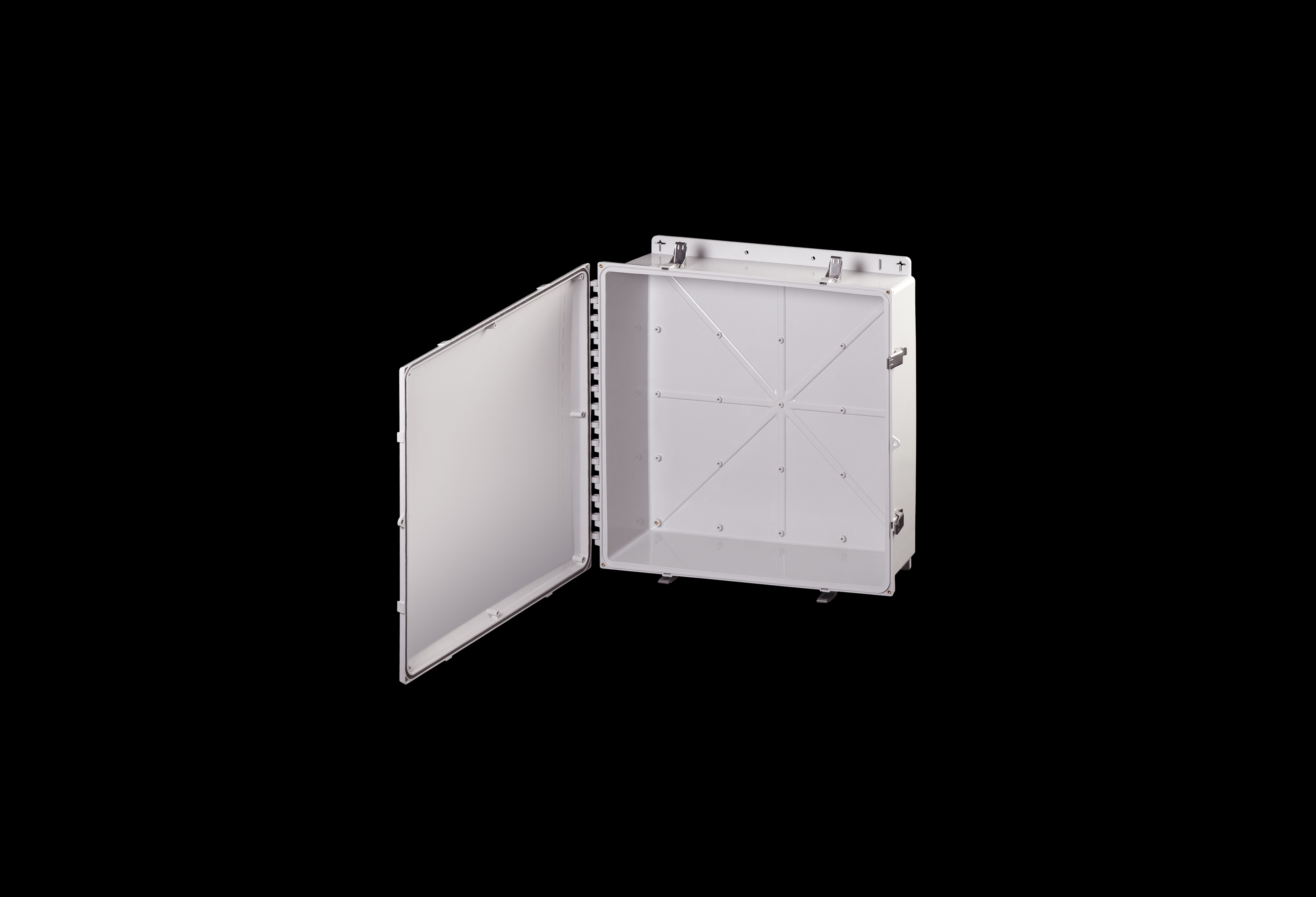 PC242406SS-QFL-Open.jpg Polycarbonate Low Profile Enclosure 24 x 24 x 6 Inches PolySlim™ Series with Opaque Cover and Stainless Steel Latches by Stahlin