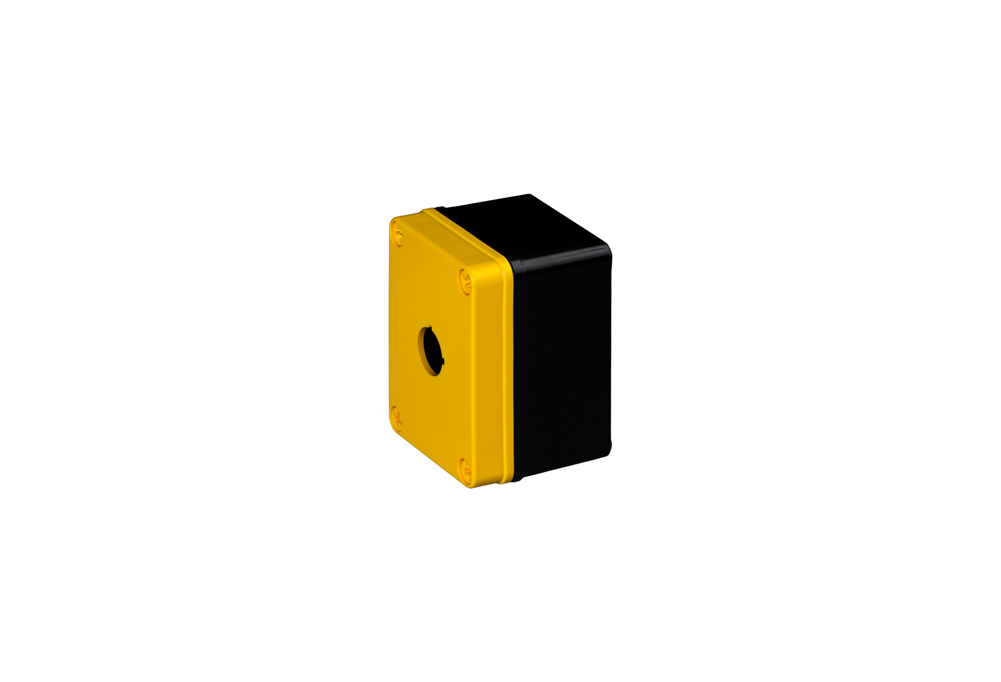 YW-CFPC1PB22-QFL-Closed.jpg Polycarbonate Enclosure 4 x 3 x 2 Inches Push Button Series 1 Hole 22 mm with Yellow Lift Off Cover and Black Base by Stahlin